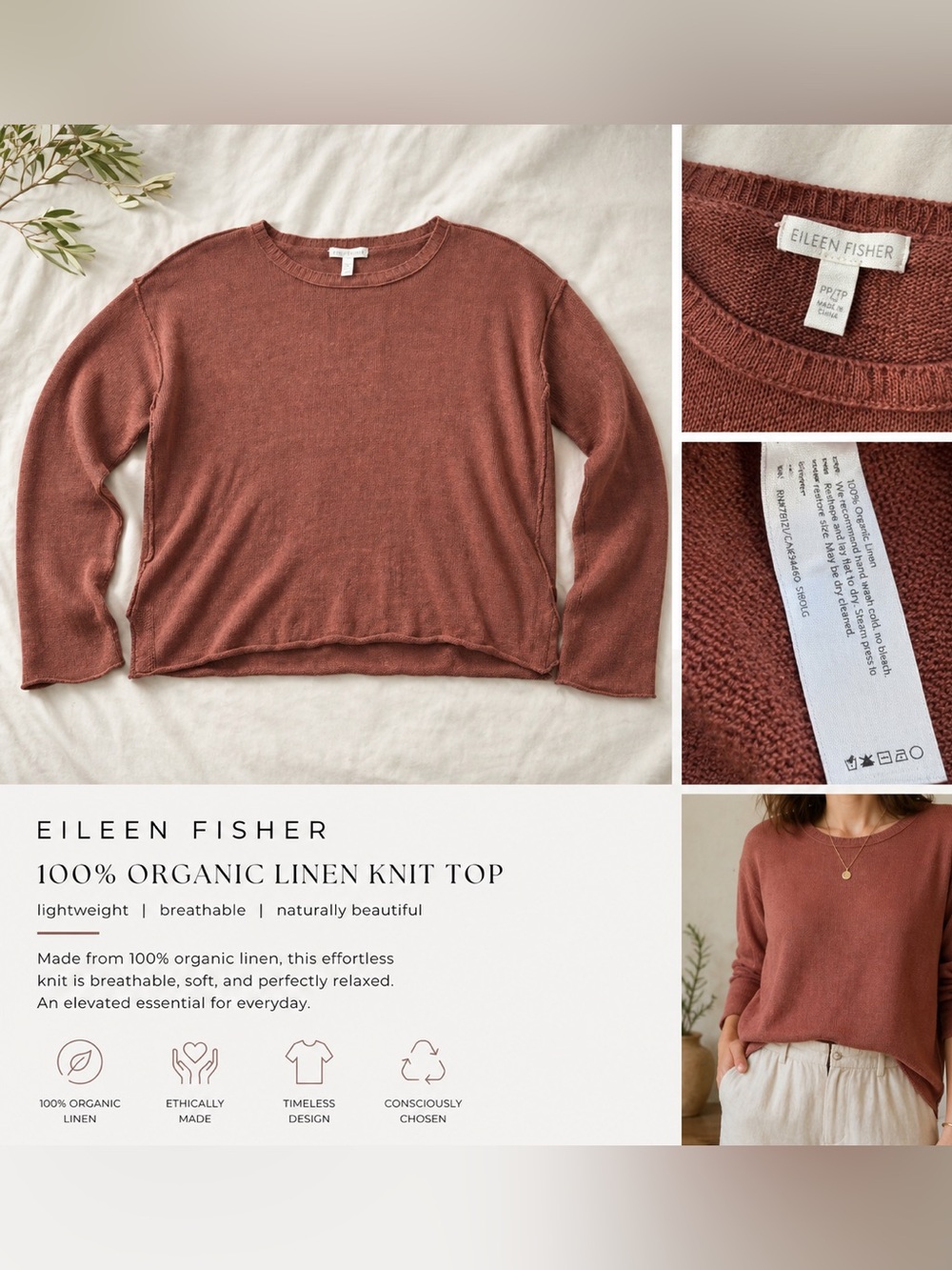 Eileen Fisher Organic Linen Top Petite PP | Rust | Minimalist Lightweight Knit